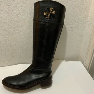 Tory Burch Lowell 2 Logo Brown  Leather Knee High Riding Boot 7 M Excellent